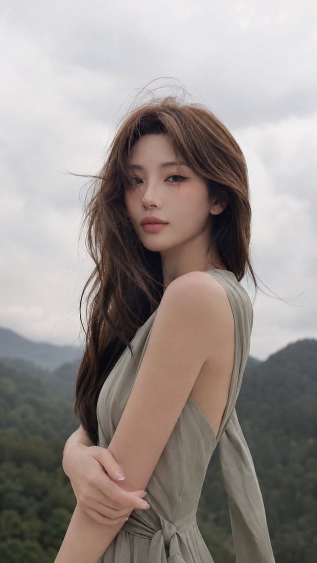 一位年轻成年东亚女性站在山间观景平台，半身至三分之二身构图。人物身体约45度侧向画面左侧，仅肩部和身体略微转开，头部自然回转望向镜头，眼神平静柔和，嘴唇轻轻闭合，没有明显笑容，整体气质安静、克制、自然