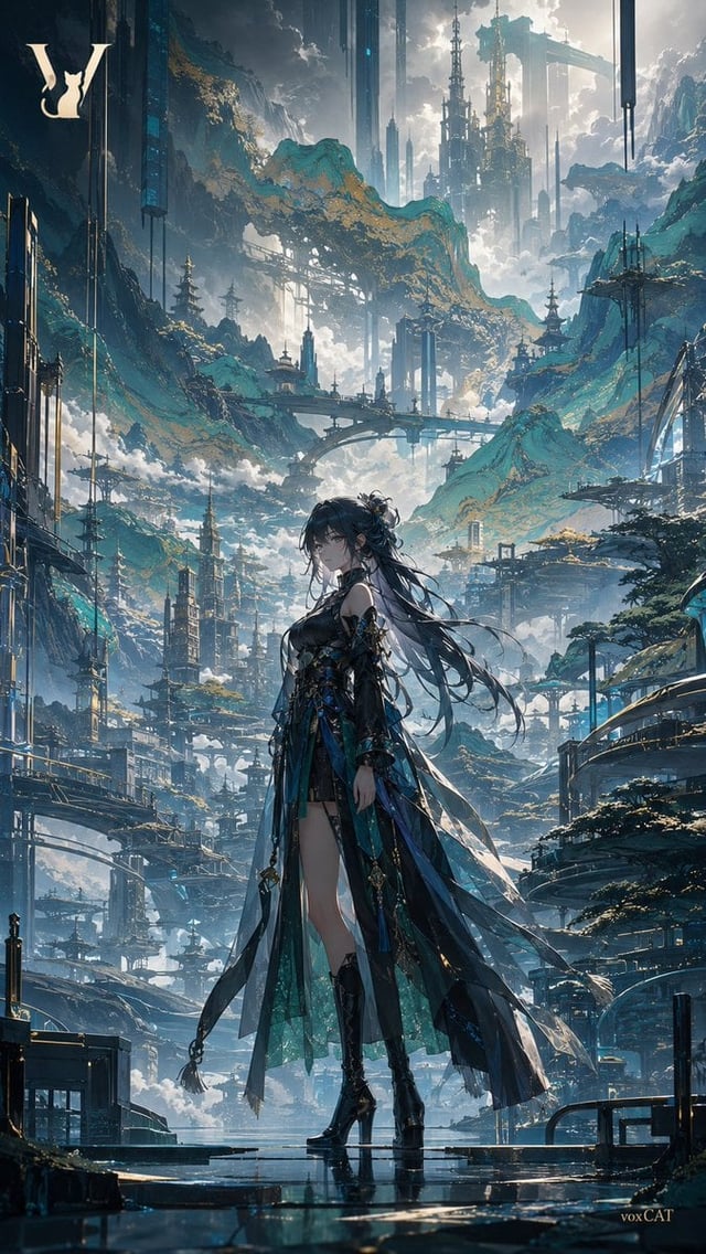 [Subject Character]，整体呈现未来都市幻想 × 超现实景观 × 高级时尚主视觉的风格基调，融合《千里江山图》中的层叠山势、长卷式空间推进、青绿设色与宏观叙事关系；采用9:16竖版纵深