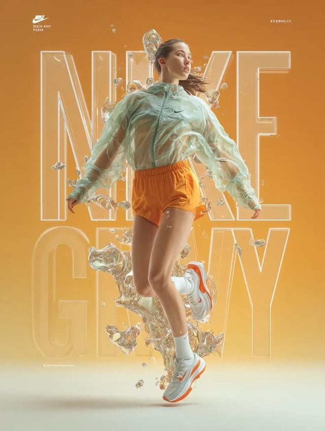 A dynamic fashion advertisement for Nike showing a hyper-realistic model mid-twist jump, light trail