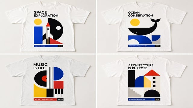 <bold_bauhaus_geometric_tee>   MEDIUM: Flat-colour screen print on a bright white or light grey cott