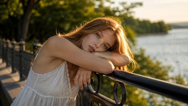 Ultra realistic intimate outdoor portrait of a young woman leaning softly against a metal railing be