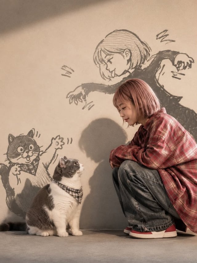 A warm, cinematic lifestyle portrait of a young woman and her chubby gray-and-white British Shorthai