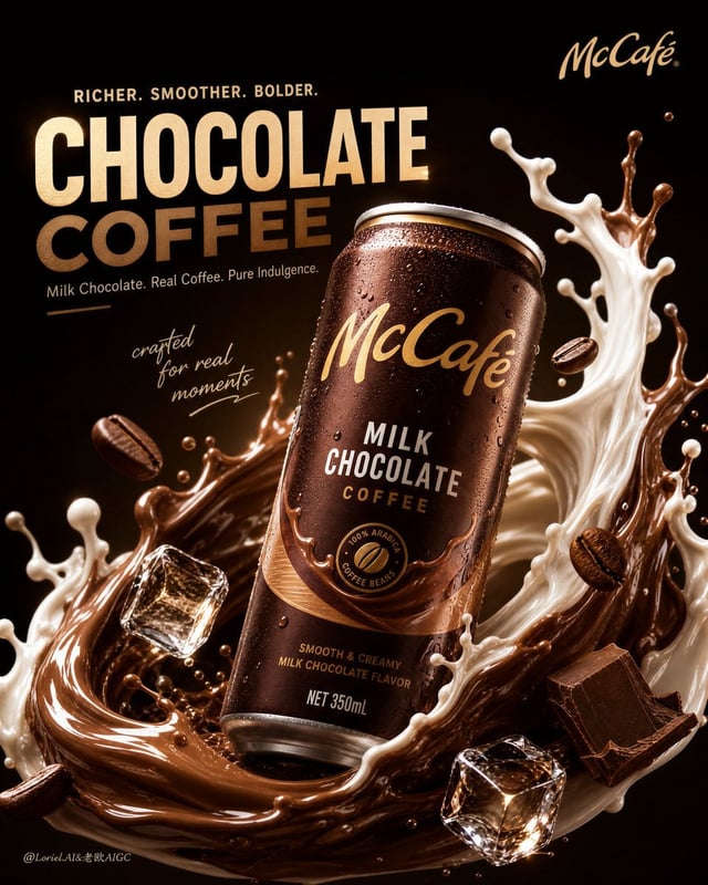 Create an ultra-premium commercial poster for McCafé, featuring a hyper-realistic 350ml canned milk 