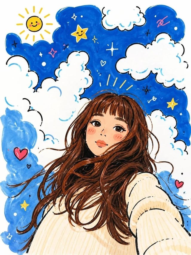 Dreamy low-angle selfie portrait of a young woman with long flowing chestnut-brown hair and soft wis