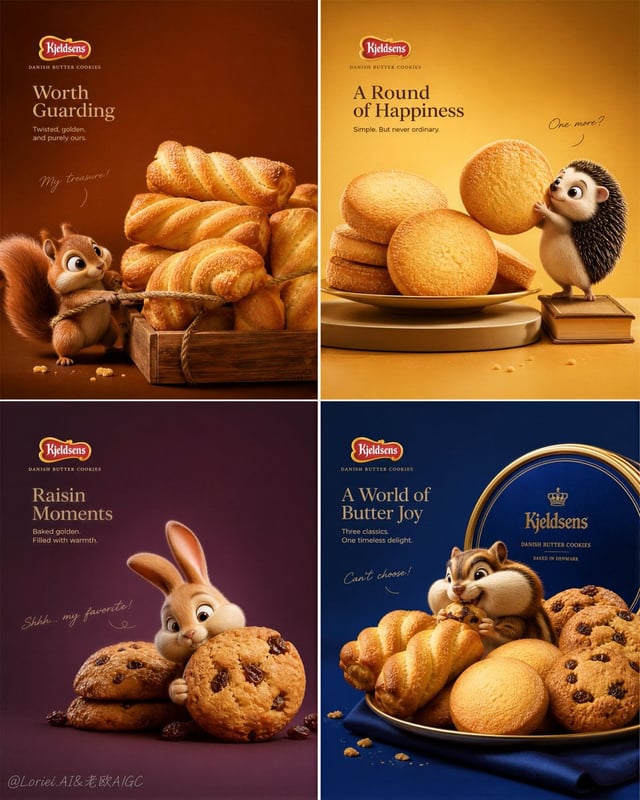 Create an ultra-premium commercial poster for Kjeldsens Danish Butter Cookies in a strict 2x2 four-p