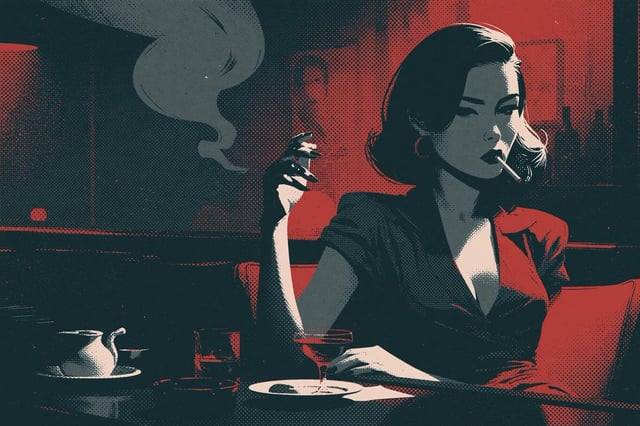 A Halftone Film Grain Noir illustration of [Subject], evoking the atmospheric and high-contrast styl
