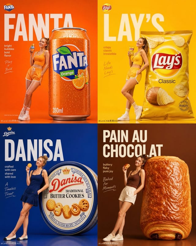 Create an ultra-premium 2x2 four-panel commercial poster series with a perfectly unified composition