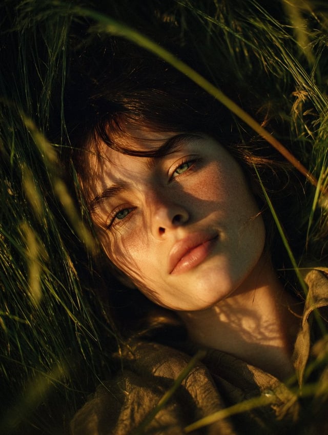 [Subject], lying in tall grass, shot from directly above, the grass bending slightly in wind around 