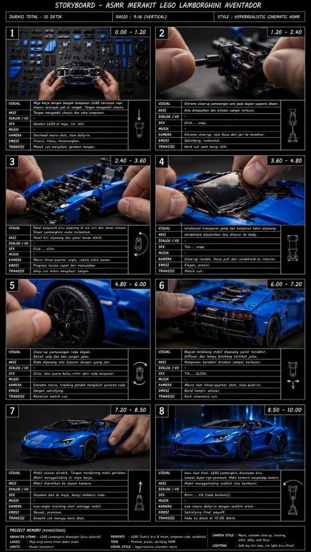 Create a professional film production storyboard for a 10 second ASMR video showing the assembly of 