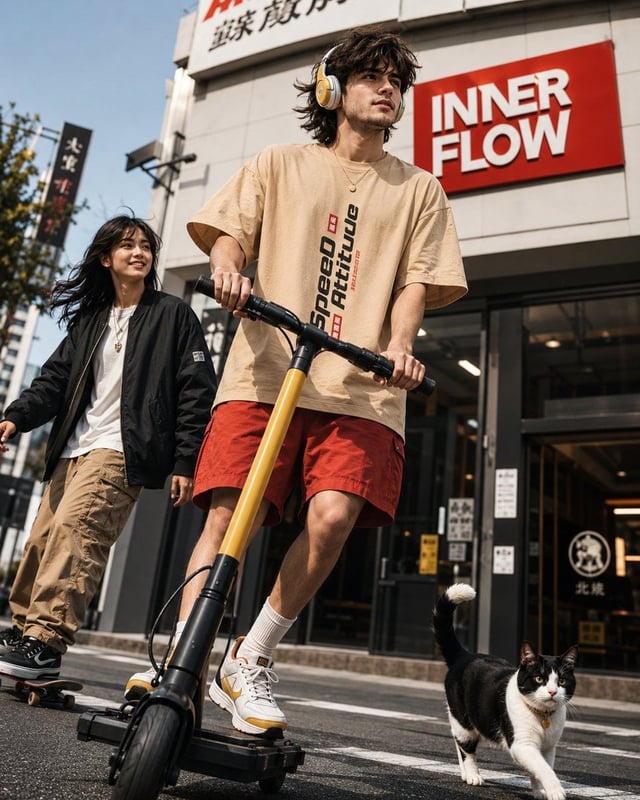 A vibrant cinematic street lifestyle photograph captured from a dramatic low angle on a sunny aftern