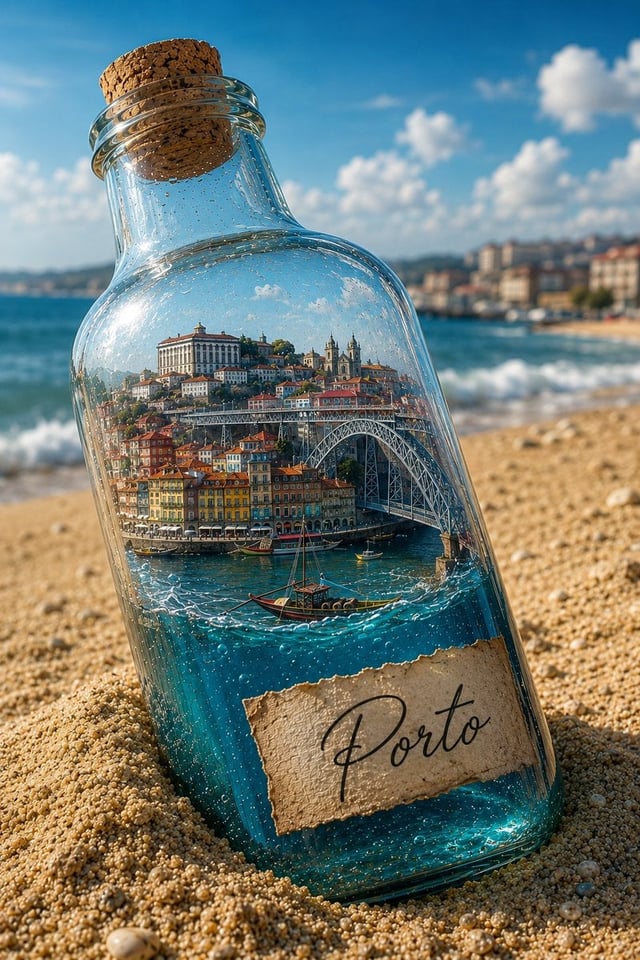 Create a hyperrealistic poster featuring a transparent glass bottle partially buried in fine sand at
