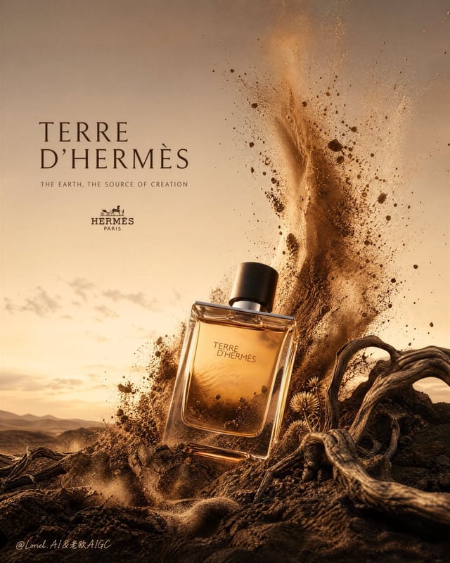 Create an ultra-premium fragrance advertising poster for Terre d'Hermès, built around one hyper-real