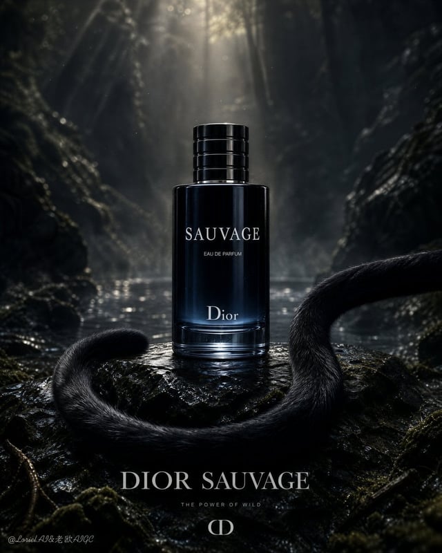 Create an ultra-premium fragrance advertising poster for Dior Sauvage, built around one hyper-real p