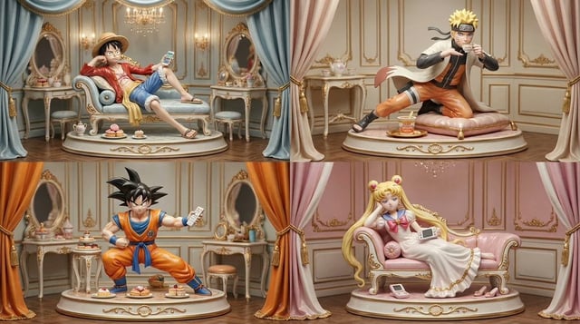 2x2 grid, do this for 4 famous mangas, 16:9 Opulent 3D porcelain collectible rendering, rococo toy-t