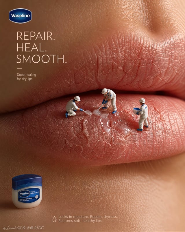 Create an ultra-premium skincare advertising poster for Vaseline, built around an extreme macro clos