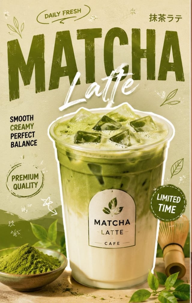 Create a premium 1:1 modern Asian café promotional poster for "[Product Name]" using the uploaded pr