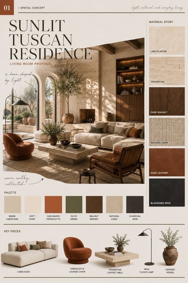 Create a four-page interior design proposal series titled “Sunlit Tuscan Residence”.