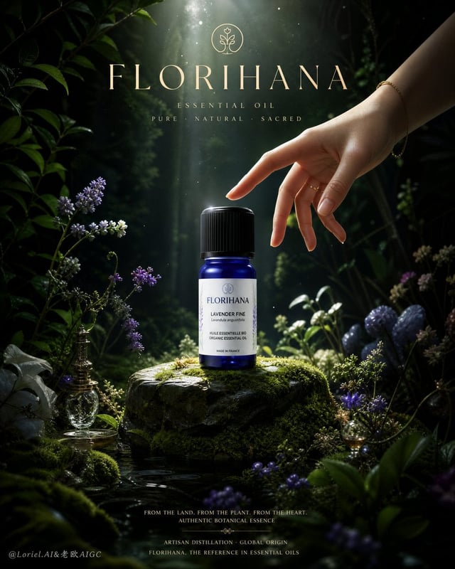 Create an ultra-premium advertising poster for Florihana top-grade essential oil, built around one h