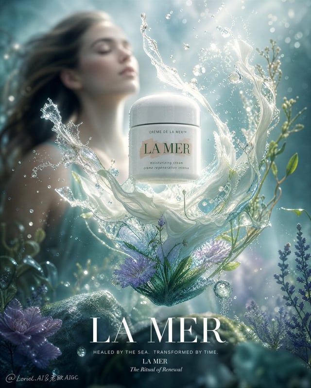 Create an ultra-premium fantasy skincare advertising poster for La Mer, built around one hyper-real 