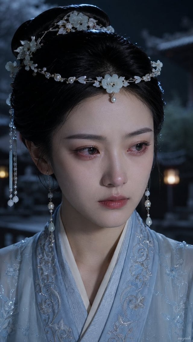 电影级古风人像，成年东方古典少女，浅蓝刺绣汉服，白玉珍珠步摇古典发髻，古风庭院冷蓝夜色，灯笼飞檐柔焦虚化；肩部以上怼脸特写，人物占画面90%，头微低下巴轻收，近正面三分之二视角，凝视右侧镜头外略向下；