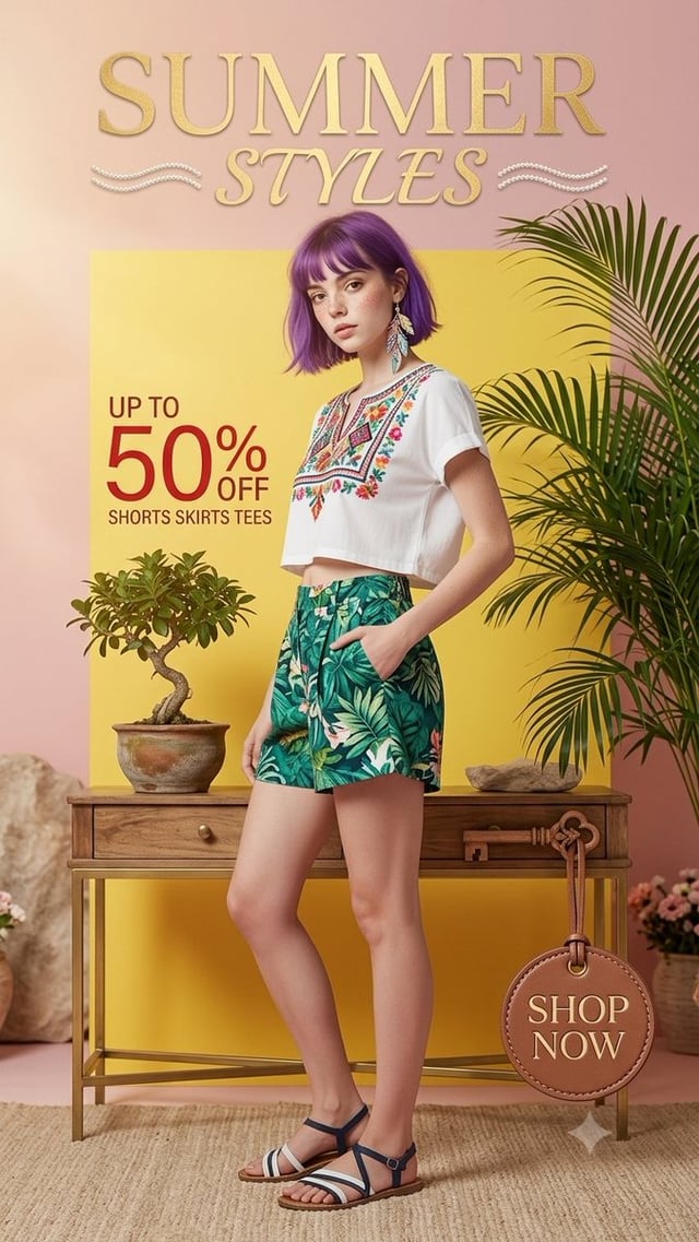 A vibrant summer fashion editorial portrait featuring a young woman with a purple bob cut, freckles,