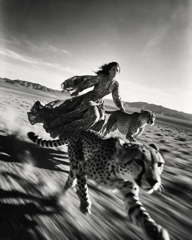 Ultra realistic black and white high fashion editorial photograph of an elegant woman riding at full