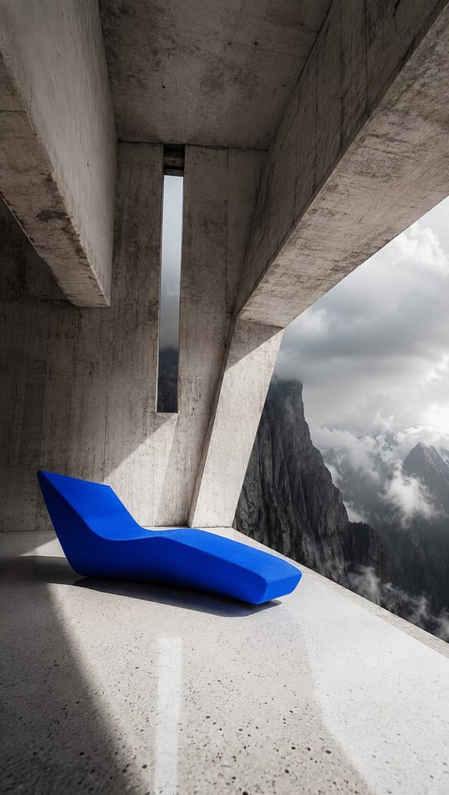 Brutalist concrete living room extending over a sheer mountain cliff, raw white-washed concrete wall