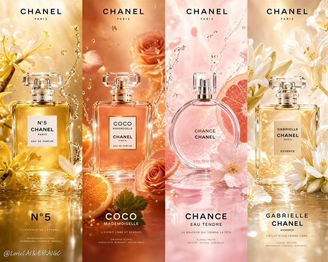 Create an ultra-premium horizontal 4-panel Chanel perfume campaign poster with absolute series unity