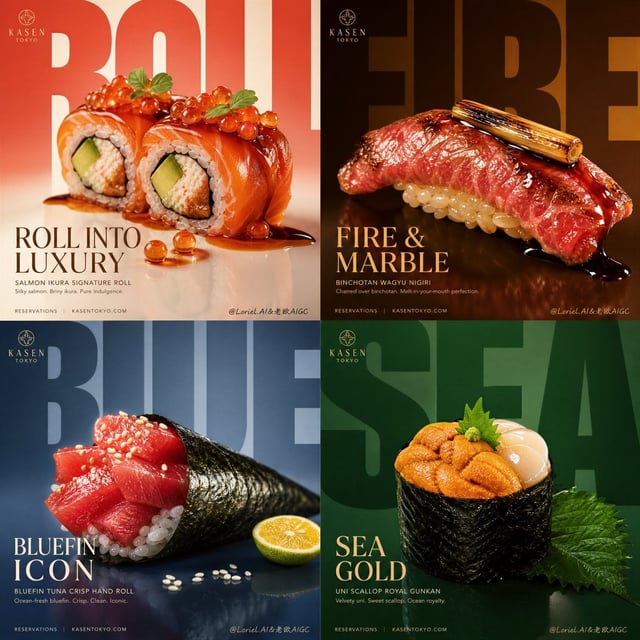 Create an ultra-premium horizontal 2x2 four-panel Western fine-dining campaign poster for a self-cre