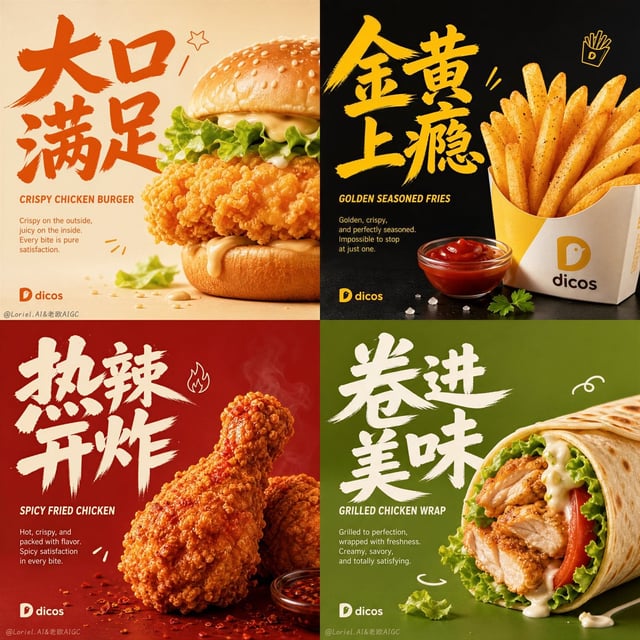 Create an ultra-premium 2x2 four-panel fast-food campaign poster for Dicos, transforming playful fas