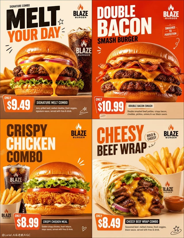 Create an ultra-premium western fast-food campaign poster system for a self-created brand called “BL
