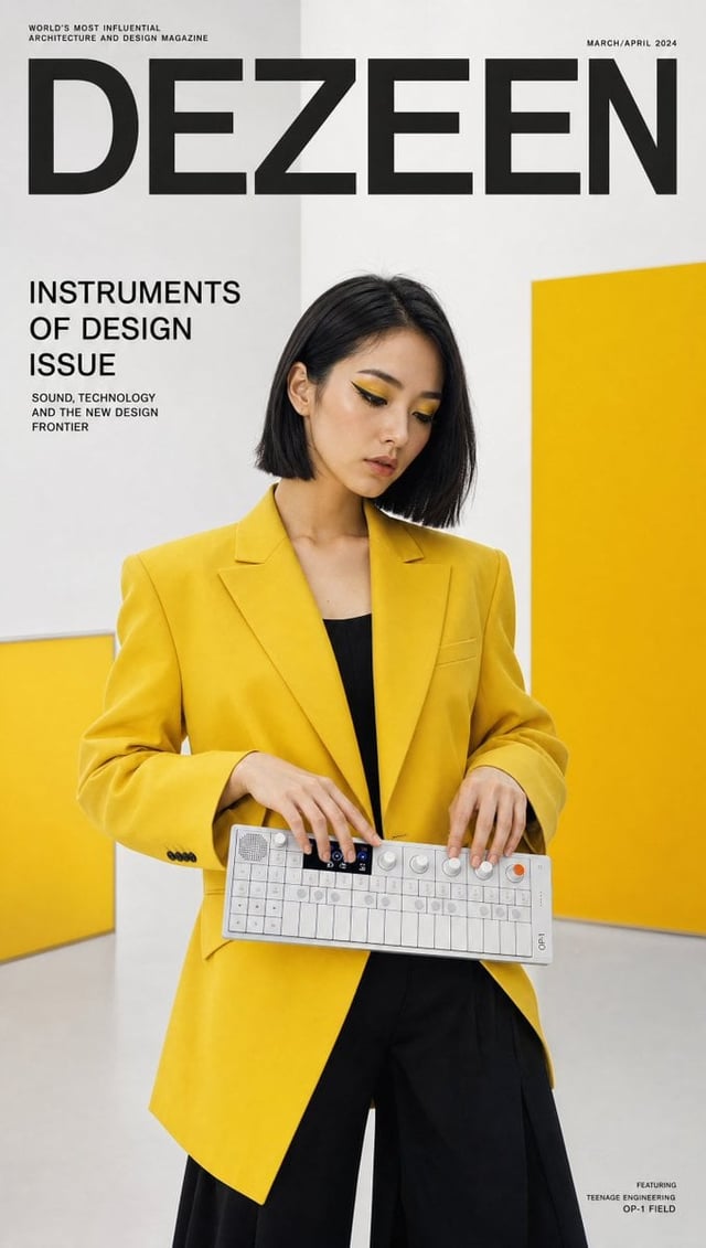 Ultra-realistic design culture magazine cover featuring a creative Korean woman in a bold yellow str