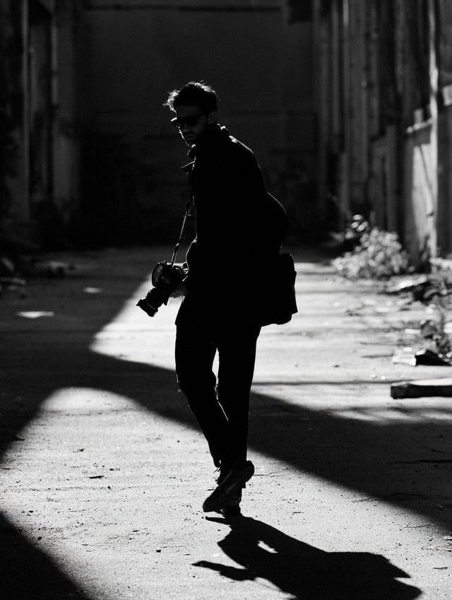 [Subject], black and white high contrast, harsh midday sun creating graphic shadow shapes across the