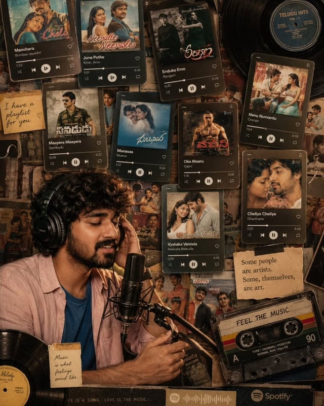 A premium nostalgic music-themed editorial collage inspired by vintage cassette culture, Spotify pla
