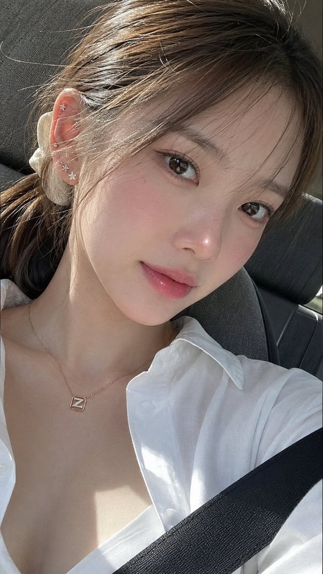 A stunning ultra-photorealistic extreme close-up selfie of a youthful Korean woman with naturally so