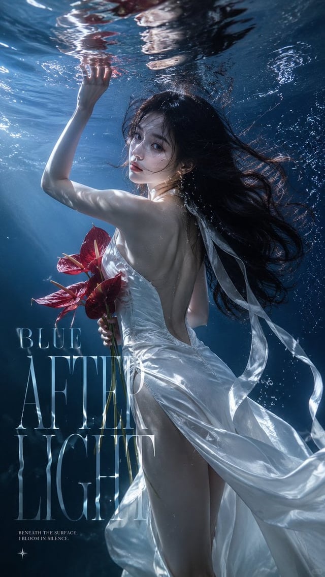 Create a 9:16 vertical underwater fashion editorial poster.