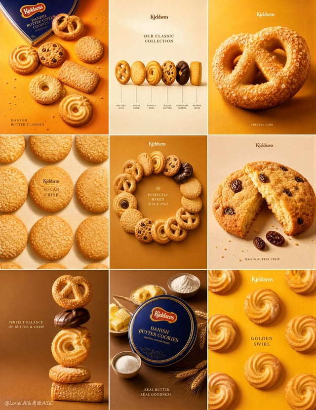 Create an ultra-premium 3x3 campaign poster system for Kjeldsens Danish Butter Cookies, designed as 