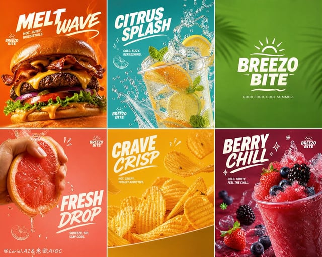 Create an ultra-premium 2x3 six-panel summer fast-food campaign poster for a self-created western fa