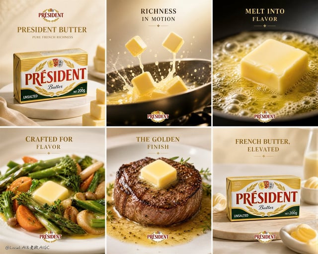 Create an ultra-premium 2x3 six-panel campaign poster for Président Butter, designed as a world-clas
