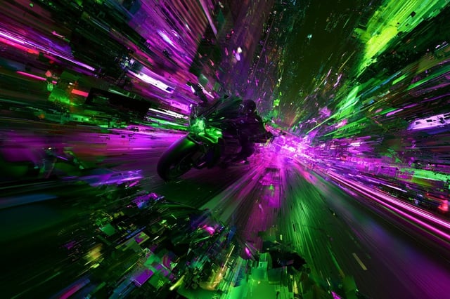 A Neon Noir Kaleidoscope representation of [Subject], with fragmented, neon-lit scenes and a sense o