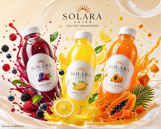 Create an ultra-premium juice beverage campaign poster for a self-created brand called “SOLARA JUICE