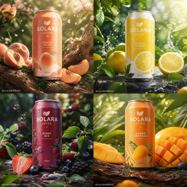 Create an ultra-premium 2x2 four-panel fruit-juice can campaign poster for a self-created beverage b