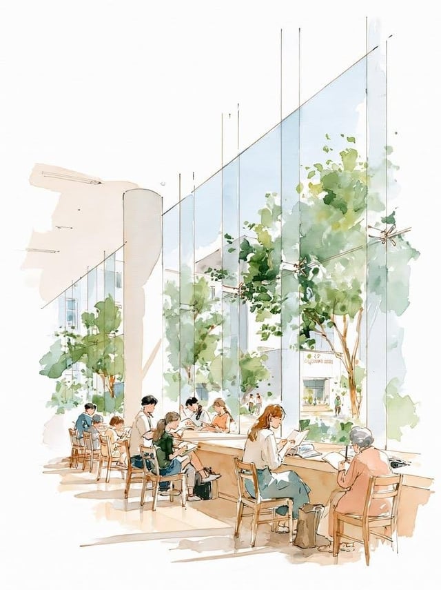 A [Art Style] illustration of a [Mood] [Indoor/Outdoor Setting] featuring [Main Architectural Elemen