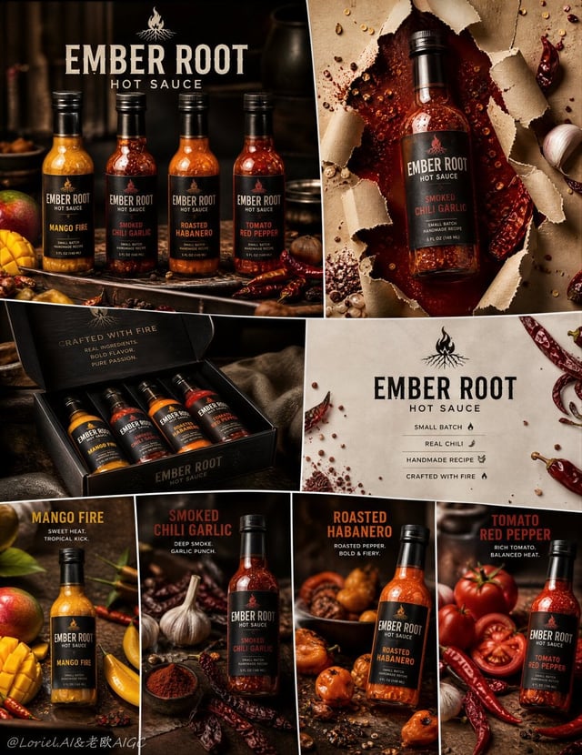 Create an ultra-premium irregular 8-panel hot sauce campaign board for a self-created artisanal bran