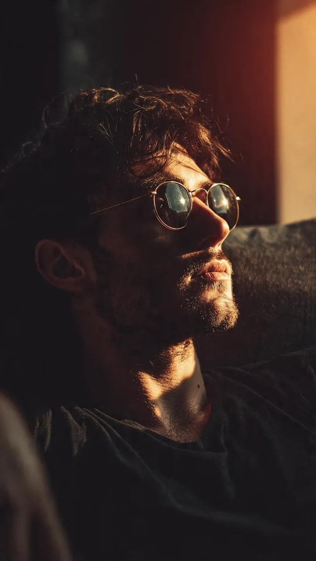A cinematic, high-resolution photograph of a man in profile, wearing round-framed sunglasses with re