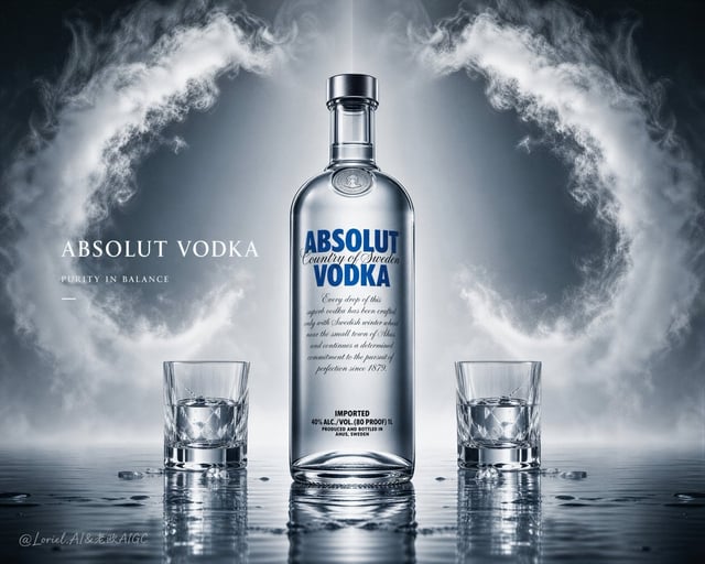 Create an ultra-premium print advertisement for Absolut Vodka with a perfectly symmetrical left-righ