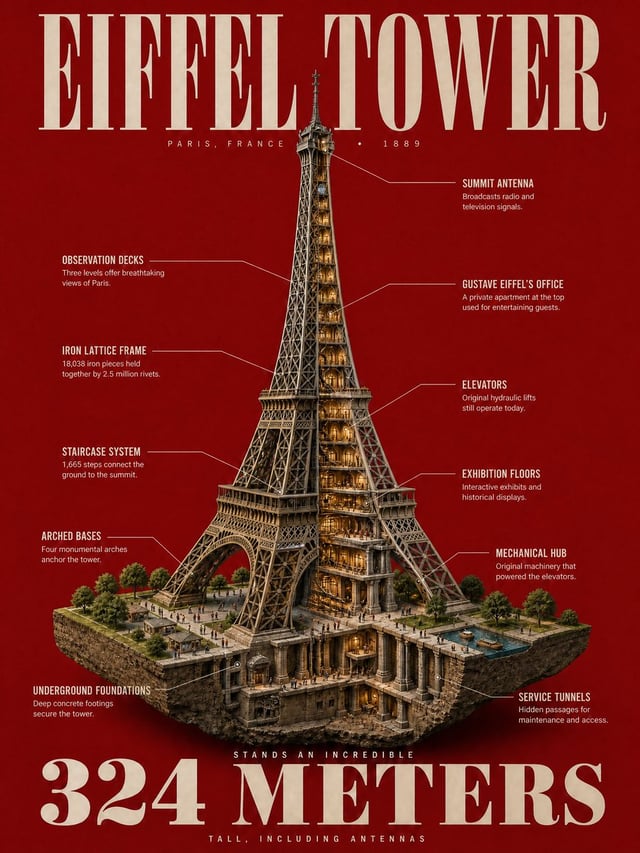 A jaw-dropping vertical infographic poster of [Landmark], 4:5 aspect ratio. A dramatic 3D cutaway di