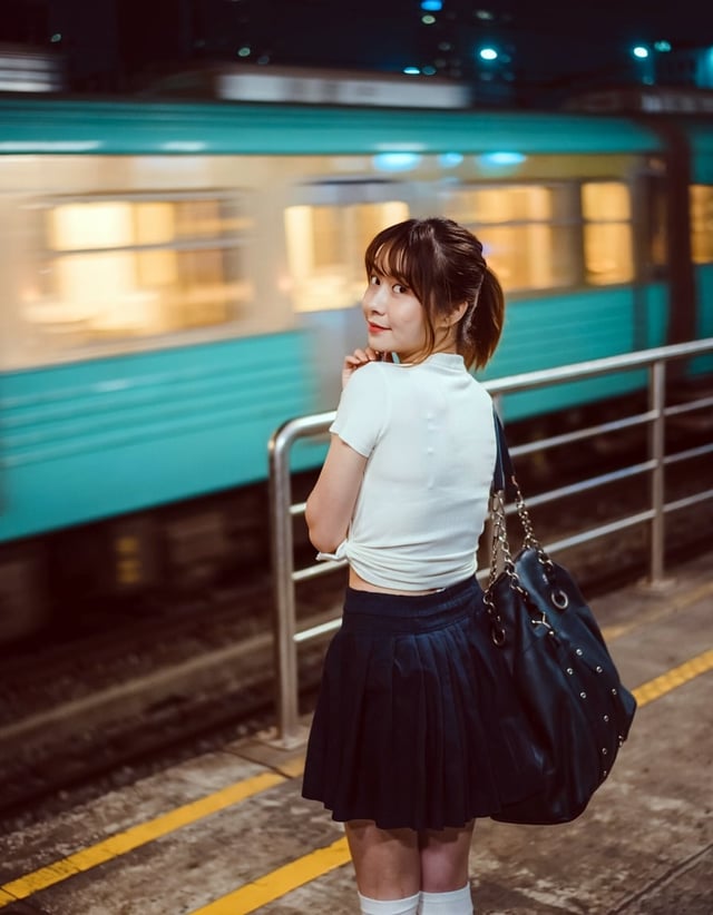 Nighttime train station platform. A young East Asian woman stands in the foreground with her back to