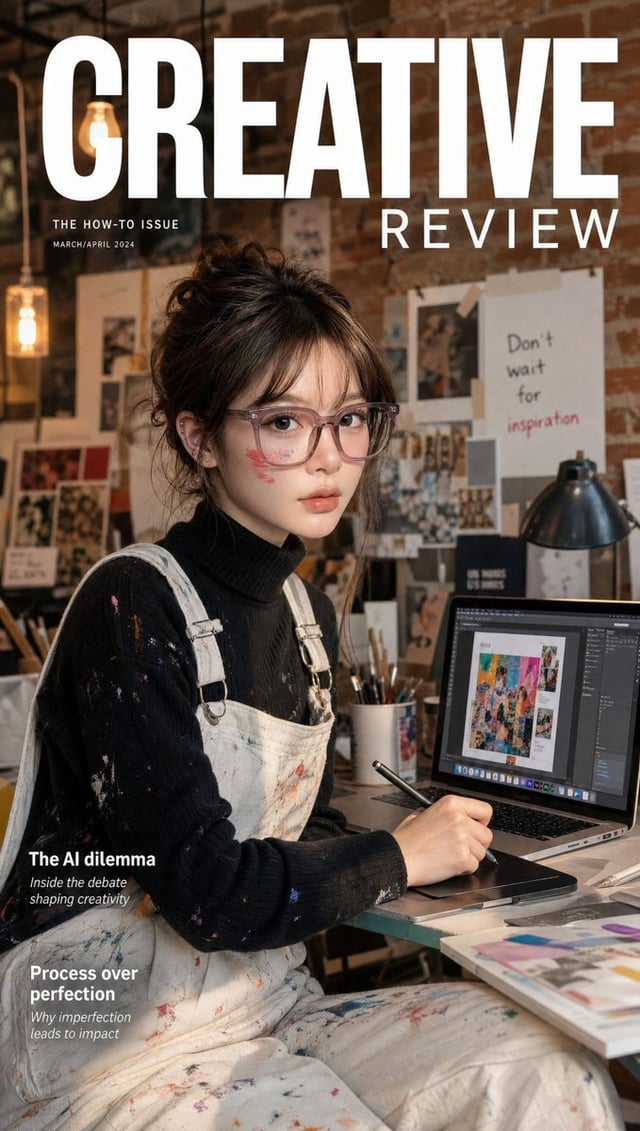 Ultra-realistic creative industry magazine cover featuring a talented Korean woman in paint-splatter