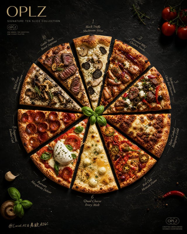 Create an ultra-premium top-down commercial food poster for a fictional global pizza brand named OPL
